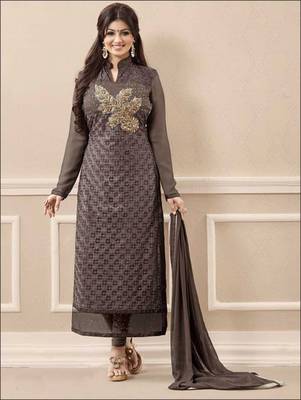 Grey embroidered georgette semi stitched salwar with dupatta 1