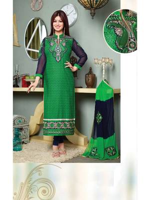 Green embroidered cotton unstitched salwar with dupatta 1