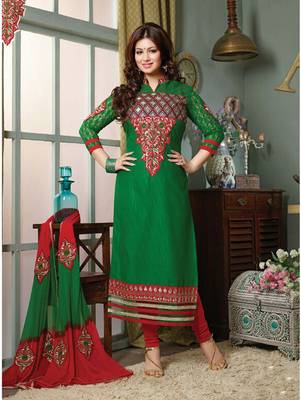 Green embroidered cotton unstitched salwar with dupatta 1