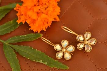 Kundan Stone Semi Precious Gold Plated Floral Dangler Earrings 1