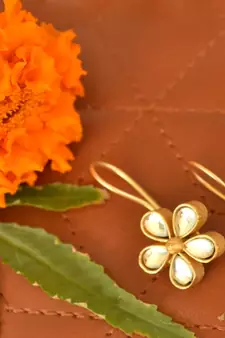 Kundan Stone Semi Precious Gold Plated Floral Dangler Earrings
