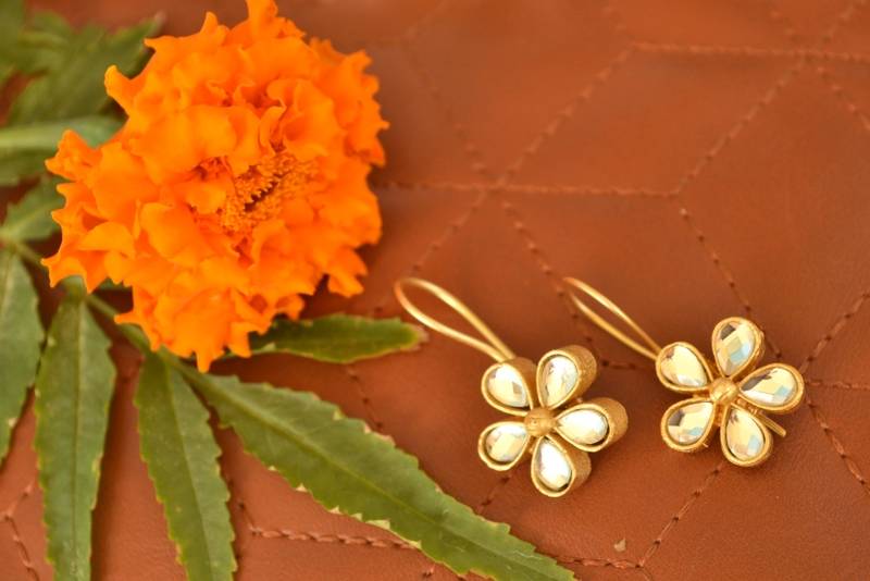 Kundan Stone Semi Precious Gold Plated Floral Dangler Earrings