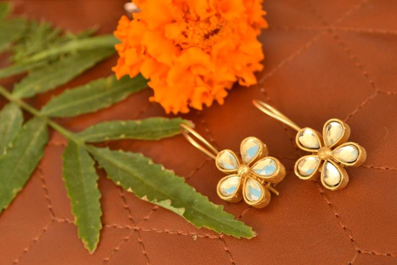 Kundan Stone Semi Precious Gold Plated Floral Dangler Earrings