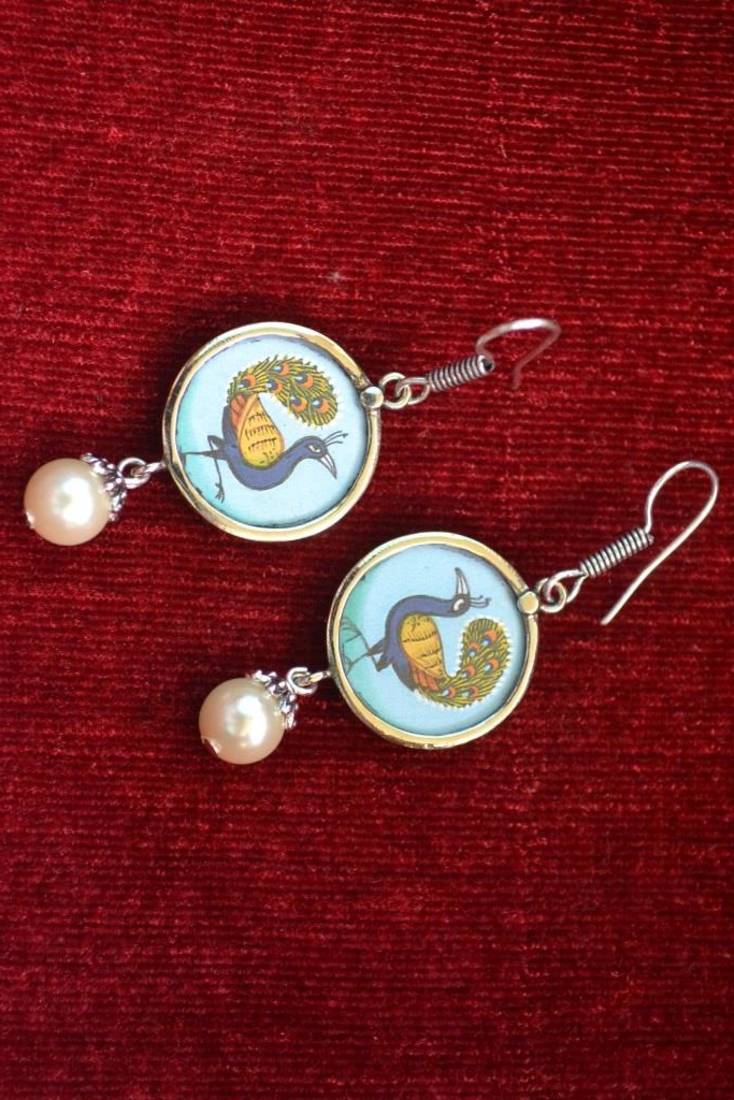 Handpainted Designer Silver Disc Earrings with Jhumka in Bottom
