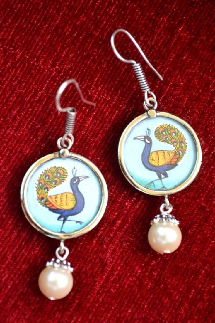Handpainted Designer Silver Disc Earrings with Jhumka in Bottom