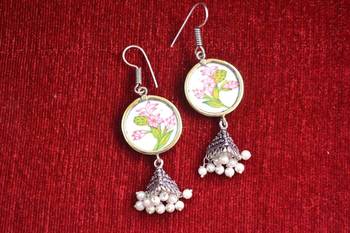Handpainted Designer Silver Disc Earrings with Jhumka in Bottom 1