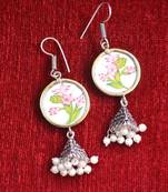 Handpainted Designer Silver Disc Earrings with Jhumka in Bottom