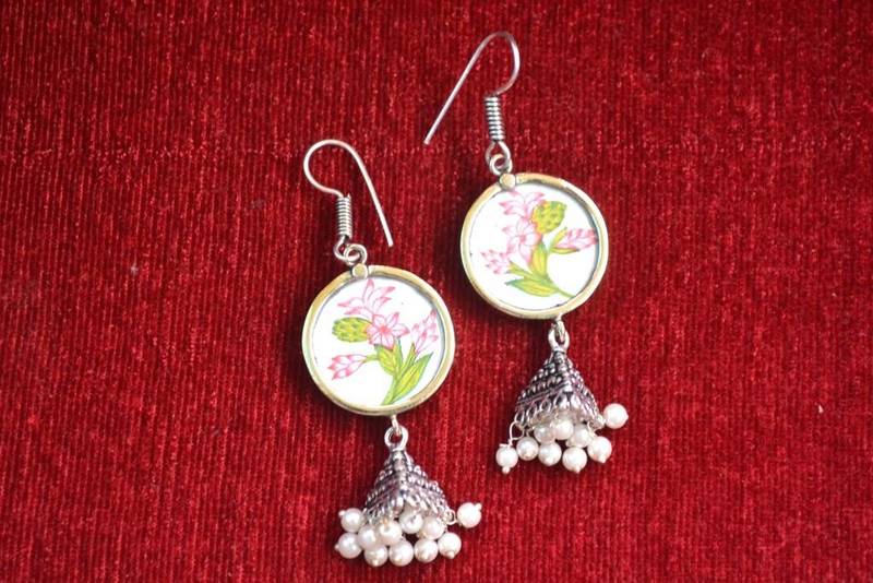 Handpainted Designer Silver Disc Earrings with Jhumka in Bottom