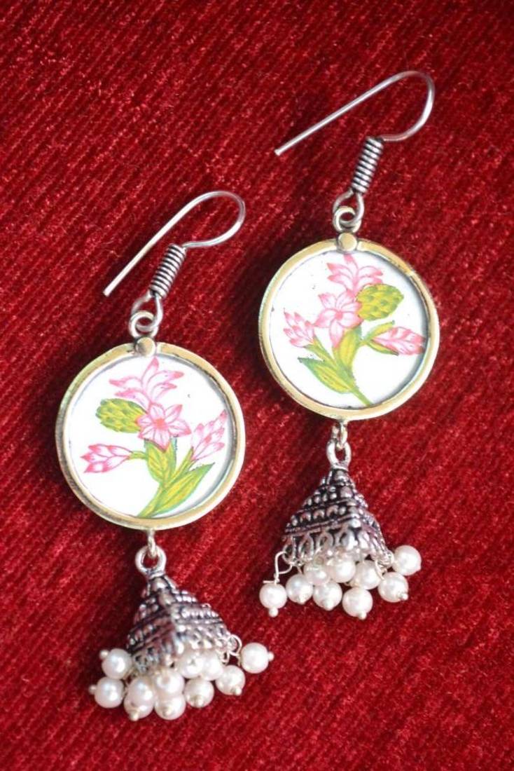 Handpainted Designer Silver Disc Earrings with Jhumka in Bottom