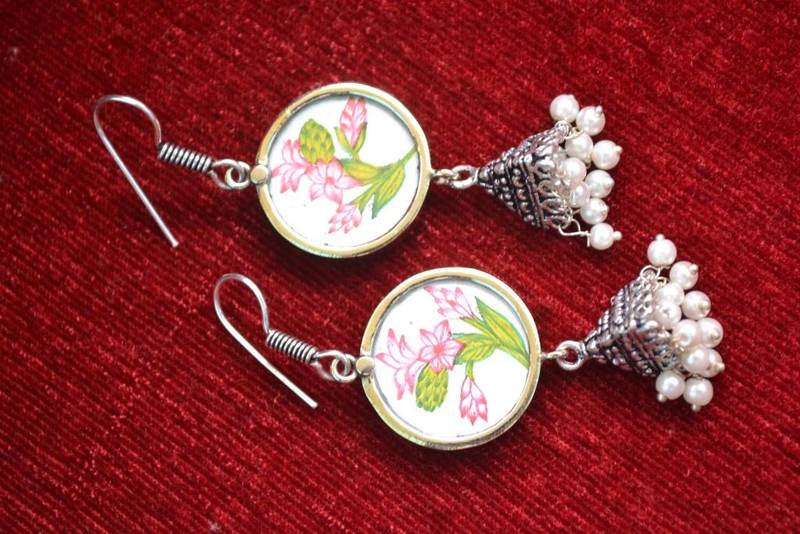 Handpainted Designer Silver Disc Earrings with Jhumka in Bottom
