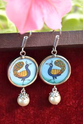 Handpainted Designer Silver Disc Earrings with Jhumka in Bottom 1