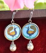 Handpainted Designer Silver Disc Earrings with Jhumka in Bottom
