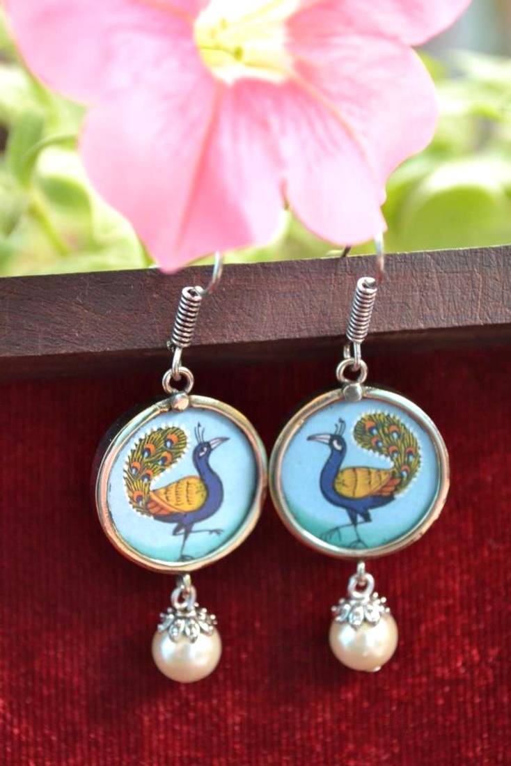 Handpainted Designer Silver Disc Earrings with Jhumka in Bottom