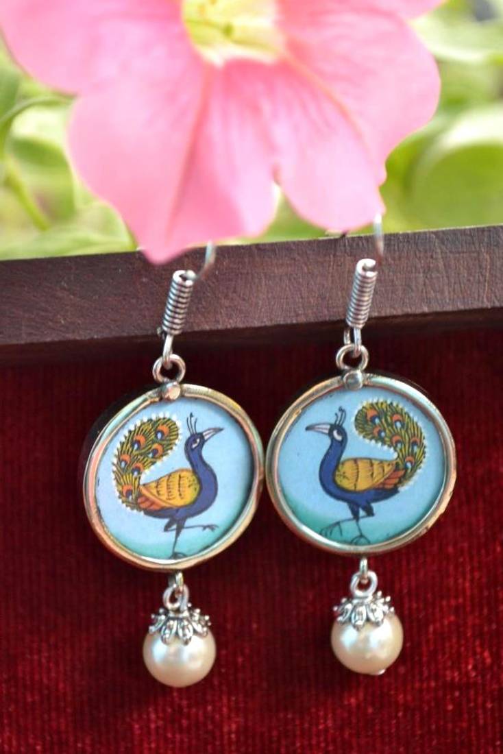 Handpainted Designer Silver Disc Earrings with Jhumka in Bottom