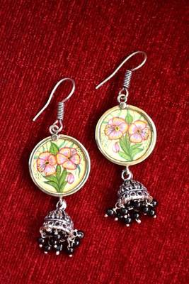 Handpainted Designer Silver Disc Earrings with Jhumka in Bottom 1