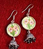 Handpainted Designer Silver Disc Earrings with Jhumka in Bottom