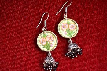 Handpainted Designer Silver Disc Earrings with Jhumka in Bottom 2