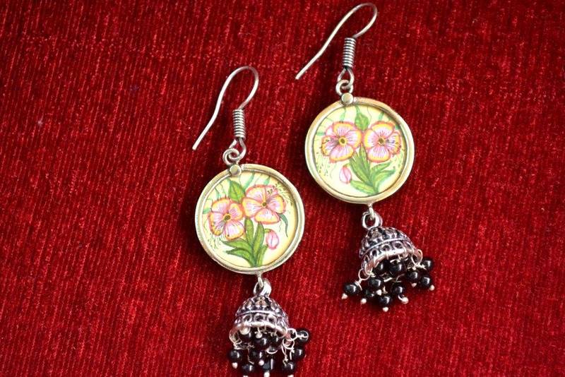 Handpainted Designer Silver Disc Earrings with Jhumka in Bottom
