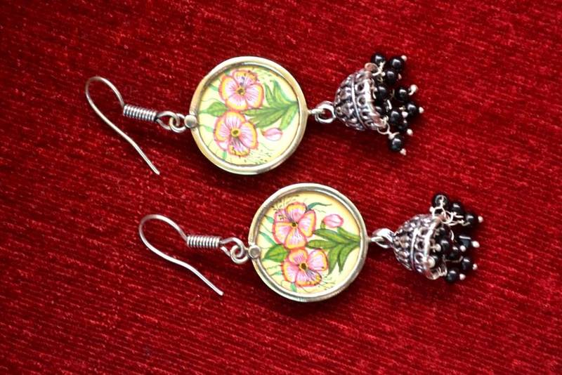 Handpainted Designer Silver Disc Earrings with Jhumka in Bottom