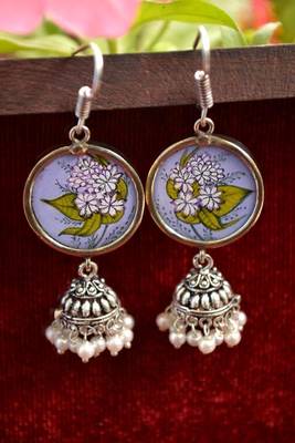 Handpainted Designer Silver Disc Earrings with Jhumka in Bottom 1