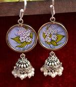 Handpainted Designer Silver Disc Earrings with Jhumka in Bottom