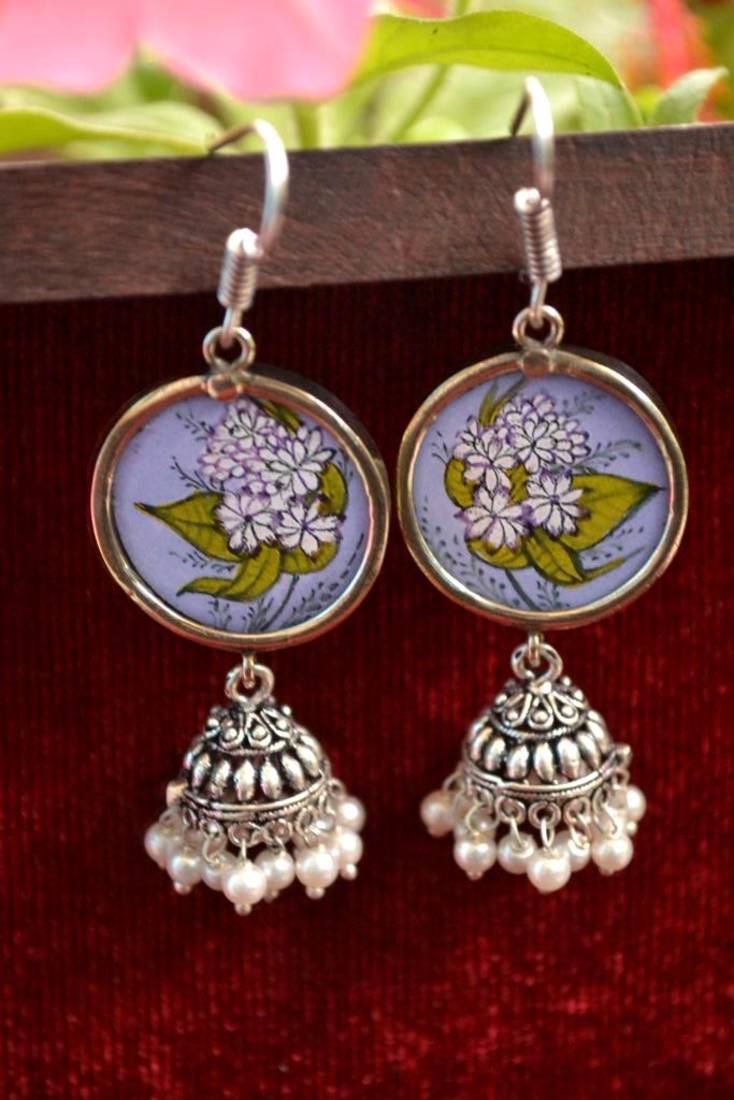 Handpainted Designer Silver Disc Earrings with Jhumka in Bottom