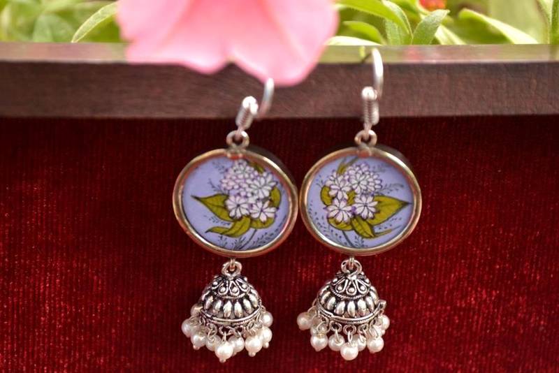 Handpainted Designer Silver Disc Earrings with Jhumka in Bottom