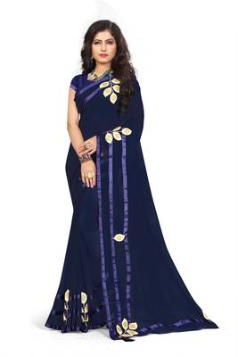Navy Blue Woven Georgette Saree With Blouse 1