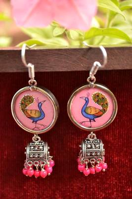 Handpainted Designer Silver Disc Earrings with Jhumka in Bottom 1