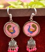 Handpainted Designer Silver Disc Earrings with Jhumka in Bottom