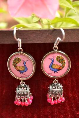 Handpainted Designer Silver Disc Earrings with Jhumka in Bottom 2