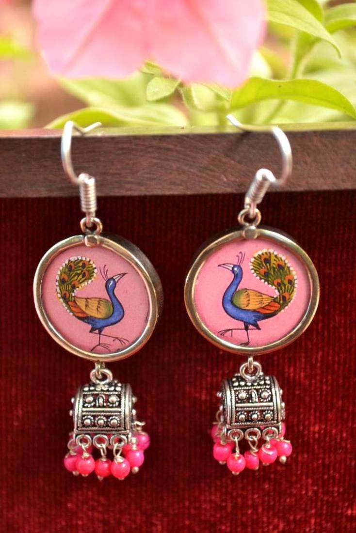 Handpainted Designer Silver Disc Earrings with Jhumka in Bottom