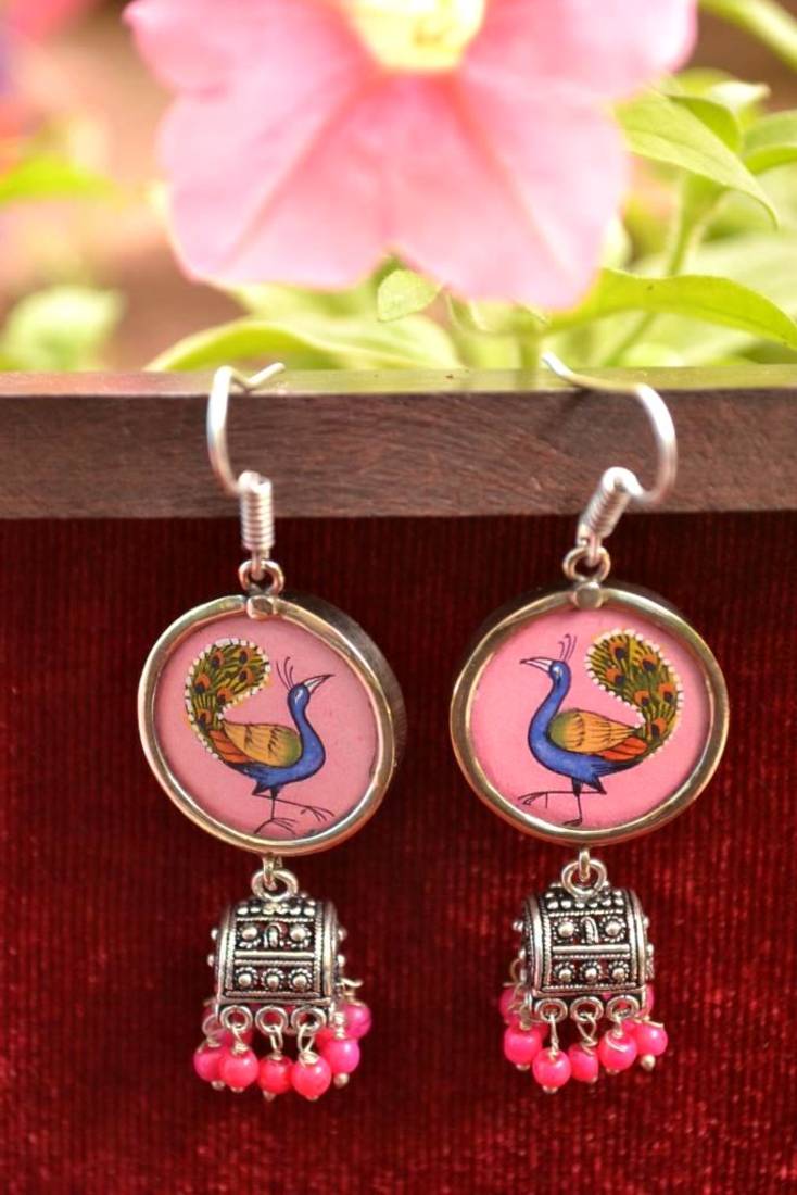 Handpainted Designer Silver Disc Earrings with Jhumka in Bottom