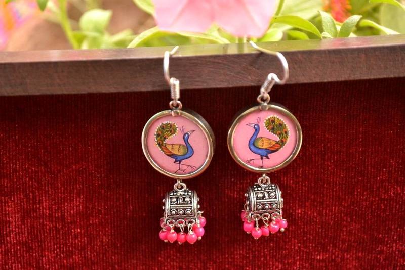 Handpainted Designer Silver Disc Earrings with Jhumka in Bottom