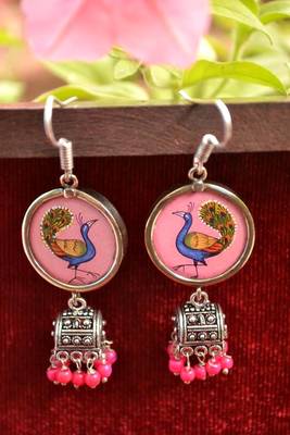 Handpainted Designer Silver Disc Earrings with Jhumka in Bottom 5