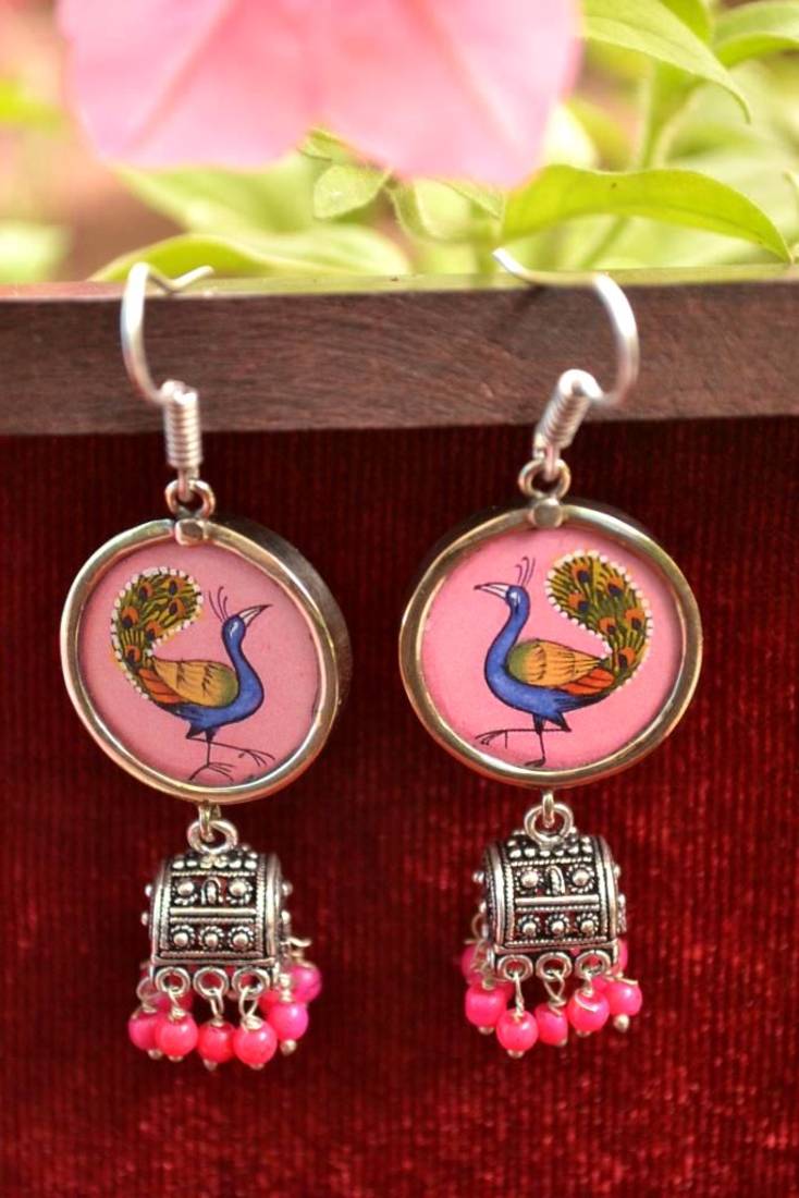 Handpainted Designer Silver Disc Earrings with Jhumka in Bottom