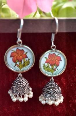 Handpainted Designer Silver Disc Earrings with Jhumka in Bottom 1