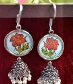 Handpainted Designer Silver Disc Earrings with Jhumka in Bottom