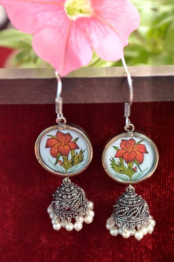 Handpainted Designer Silver Disc Earrings with Jhumka in Bottom
