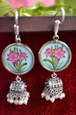 Handpainted Designer Silver Disc Earrings with Jhumka in Bottom 1