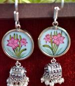 Handpainted Designer Silver Disc Earrings with Jhumka in Bottom