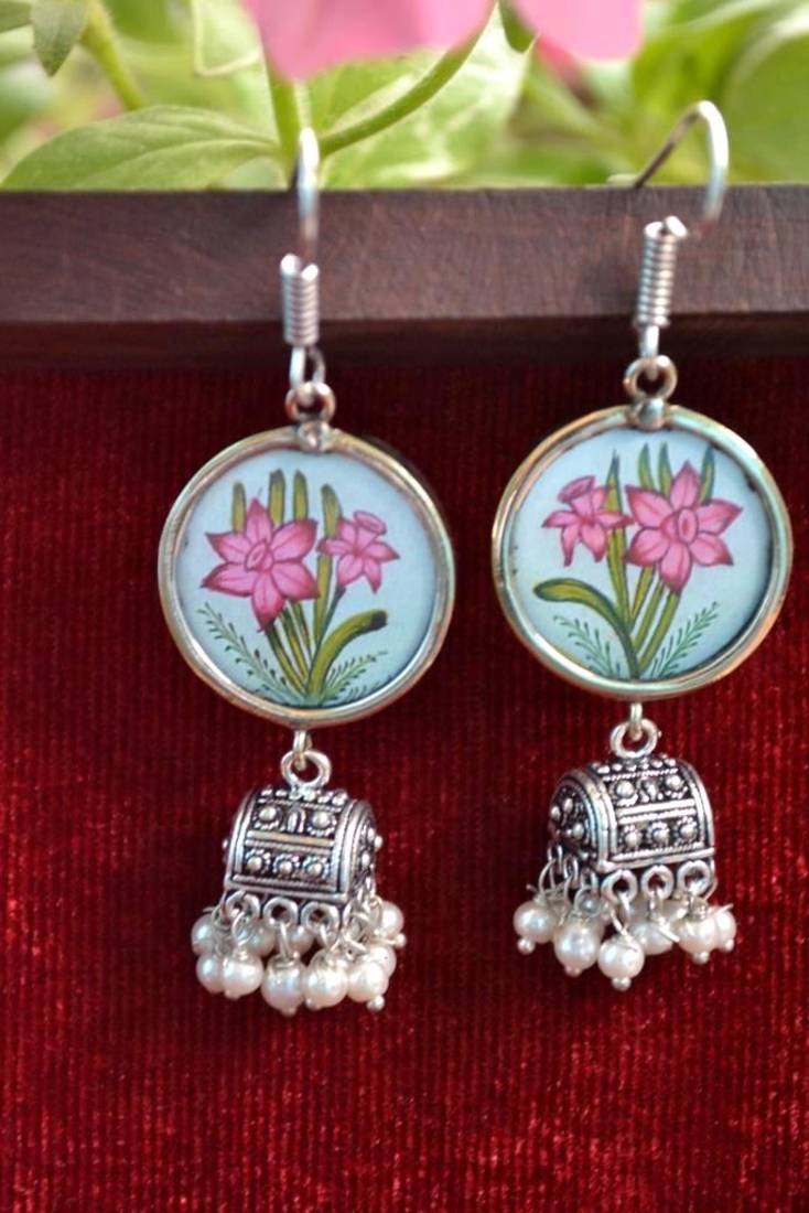 Handpainted Designer Silver Disc Earrings with Jhumka in Bottom