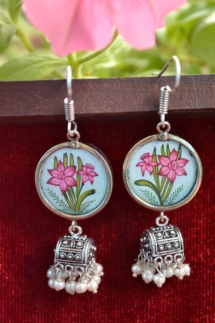 Handpainted Designer Silver Disc Earrings with Jhumka in Bottom