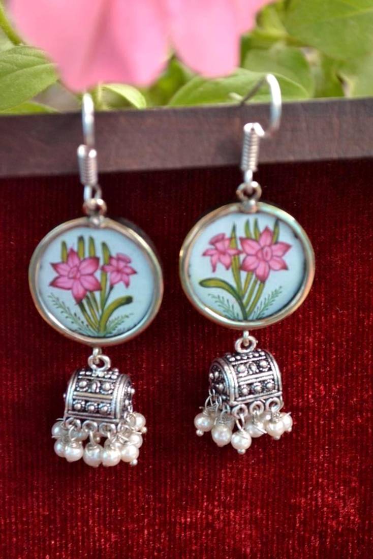 Handpainted Designer Silver Disc Earrings with Jhumka in Bottom