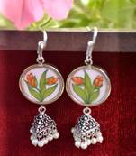 Handpainted Designer Silver Disc Earrings with Jhumka in Bottom