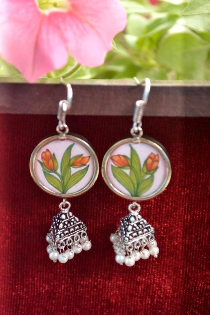 Handpainted Designer Silver Disc Earrings with Jhumka in Bottom