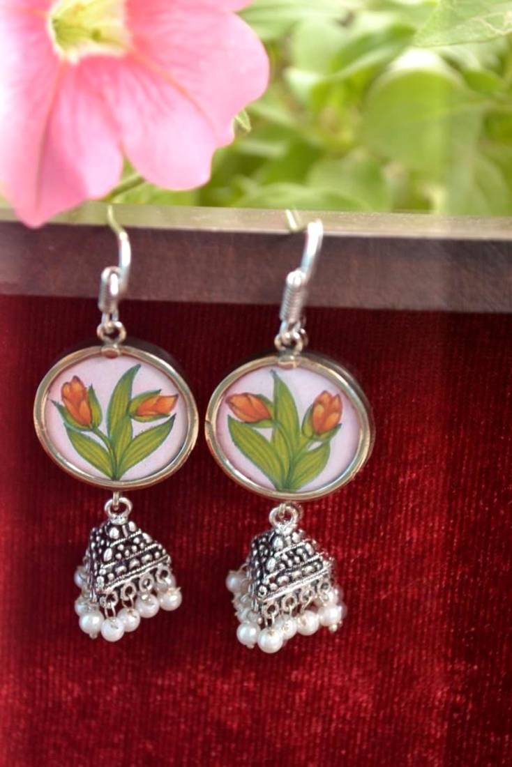 Handpainted Designer Silver Disc Earrings with Jhumka in Bottom
