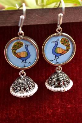 Handpainted Designer Silver Disc Earrings with Jhumka in Bottom 1