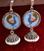 Handpainted Designer Silver Disc Earrings with Jhumka in Bottom