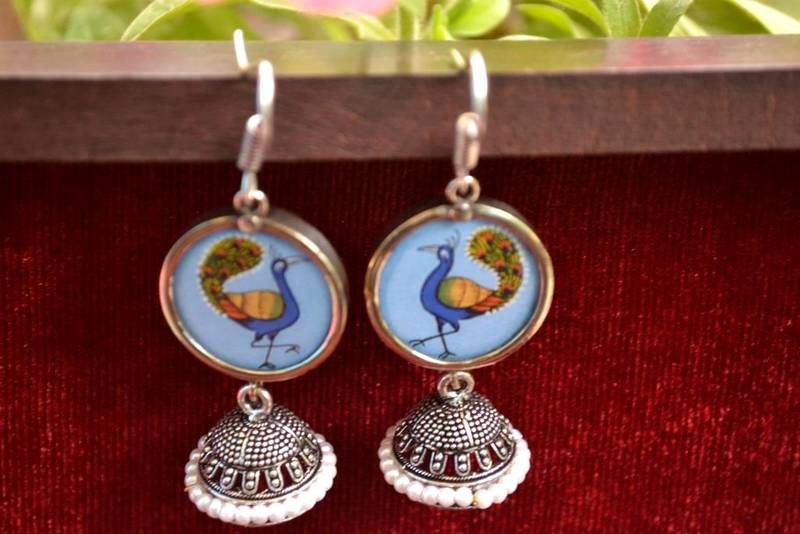 Handpainted Designer Silver Disc Earrings with Jhumka in Bottom
